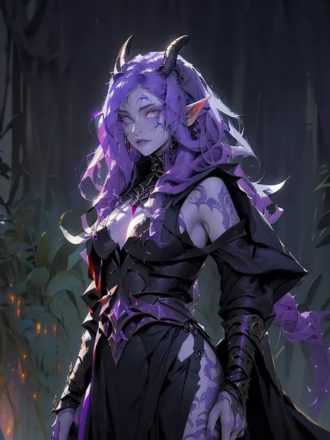  tiefling sorceress with long purple hair and purple skin and long horns and white eyes, she is wearing black rogueish robes, she is warlock that is given magic by undying undead patron, highly detailed, dramatic lighting