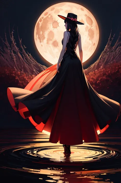 arafed woman in a long dress and hat walking on a pier at night, digital art by Cyril Rolando, pixabay contest winner, digital art, walking towards the full moon, beautiful and mysterious, standing in moonlight, walking in the moon, in the moonlight, the m...