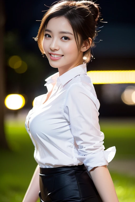 (a gorgeous lady, age 22, Formal OFFICE ATTIRE, WHITE SHIRT with BUTTONS, GREY PENCIL SKIRT, walking naturally under night sky, dimpled cheeks, kind smile, short ponytail, short bob hair, hair updo, cute snaggleteeth, ample round bosom, photorealistic, bea...