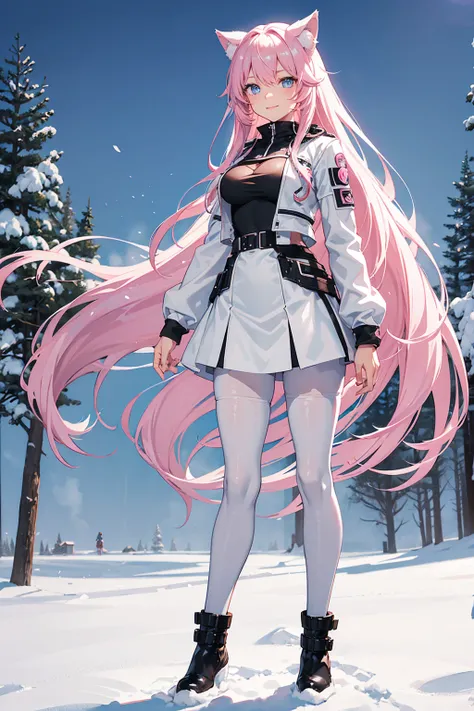 wolf girl, pink hair, light blue eyes, short fluffy boots, toes must be showing, full body, long wavy hair, gentle smile, medium breasts, black see through pantyhose, adventurer white leather jacket, short-medium length skirt, standing up normally in a sno...