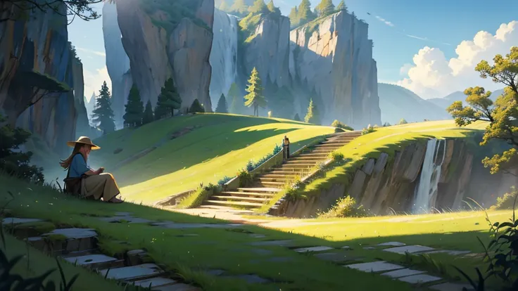 outside, yellow grass, long broken wooden staircase going down the side of a cliff