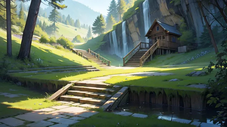 outside, yellow grass, long broken wooden staircase going down the side of a cliff