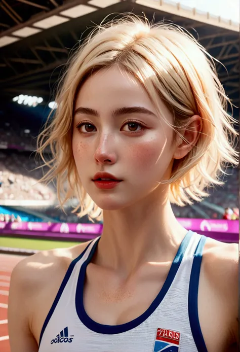 Paris Olympic Athletics Stadium, ((Masterpiece, Top Quality, High Resolution, Very Detailed)), (1 woman in her early 20s with beautiful features_very few freckles on the bridge of her nose, very hot and sexy, perfect proportions, beautiful body, slim body ...