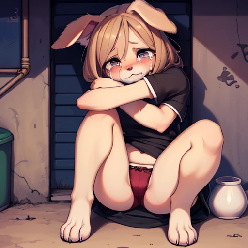 Cute Hugging Her Knees ,Shy Beggar,pobres, Dressed clothes,cute puppy animal bitch (Cute animal dog canine crying sadness , unfortunate, tears) hairy big  ,favela dirty sad street,accretion apples , sexy panties,view from the front