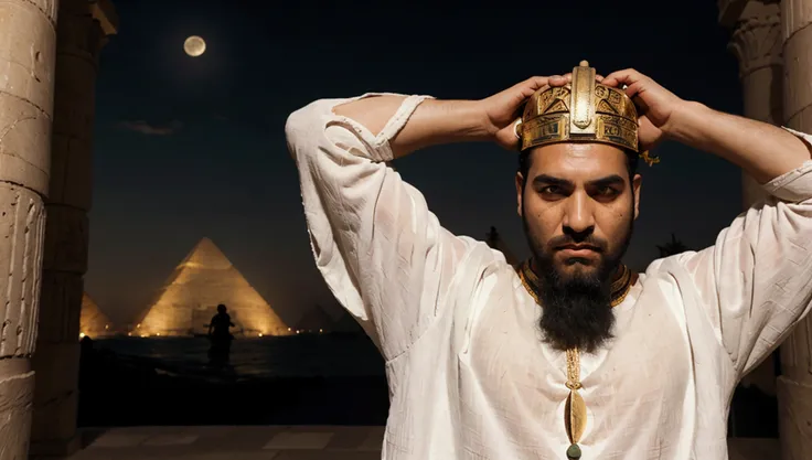 masterpiece, the best, night, full moon, 1 adult man, Egyptian architecture, cold face, Egyptian god, white clothes, closed arms, whip in hand, Egyptian crown, black beard, greenish skin, facial details,