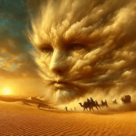 arafed image of a man with a face made of clouds, sand desert fantasy, surreal art, sand storm, surreal digital art, surrealistic digital artwork, cloud of sand, surrealism art, emotional surrealist art, sandstorm, surreal and fantasy art, during sandstorm...