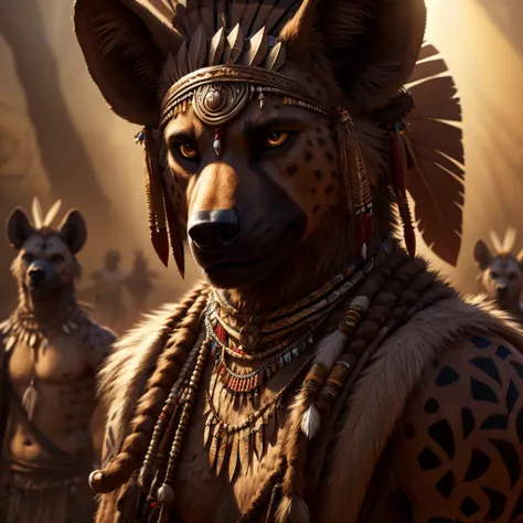 a male hyena, tribal people, 3 persons, detailed portrait, character design, digital art, concept art, fantasy, tribal tattoos, headpiece, jewelry, detailed clothing, dramatic lighting, cinematic composition, highly detailed, photorealistic, 8k, best quali...