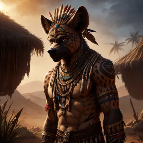 a male hyena, tribal people, 3 persons, detailed portrait, character design, digital art, concept art, fantasy, tribal tattoos, headpiece, jewelry, detailed clothing, dramatic lighting, cinematic composition, highly detailed, photorealistic, 8k, best quali...