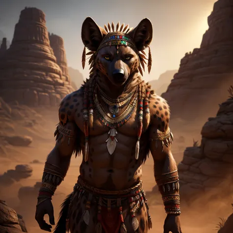 a male hyena, tribal people, 3 persons, detailed portrait, character design, digital art, concept art, fantasy, tribal tattoos, headpiece, jewelry, detailed clothing, dramatic lighting, cinematic composition, highly detailed, photorealistic, 8k, best quali...