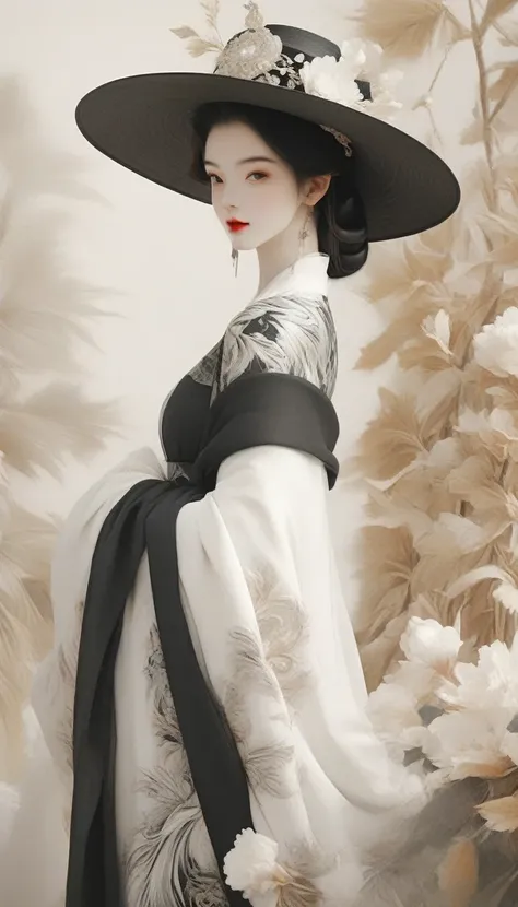 arafed image of a woman in a black and white dress and hat, digital art of an elegant, wearing black dress and hat, exquisite digital illustration, elegant digital painting, black and white colors, with straw hat, elegant and graceful, mysterious glamour, ...