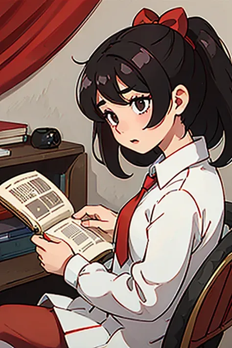 Black-haired girl in a white shirt red tie red bow on her head loose hair and black skirt reading a book in a gloomy room 