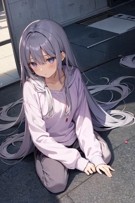 Normal body, Adult Anime Girl 2d Long Hair Loose light Purple-Grayish, Age Adulthood adult, in floor looking down, boring, sad