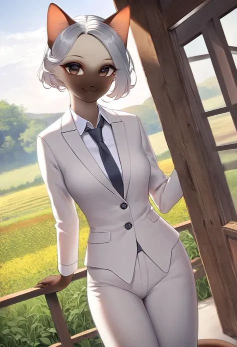 masterpiece、Very detailed、High resolution、8k、Thin face、Cat People、Siamese cat、snub nose, Slender woman、Sharp Eye、Long Hair、Silver Hair、Narrow eyes、Elegant smile、business suit、Suit pants、Rural office、Detailed eyes、Detailed skin、Detailed Hair、field、noon、(Rus...