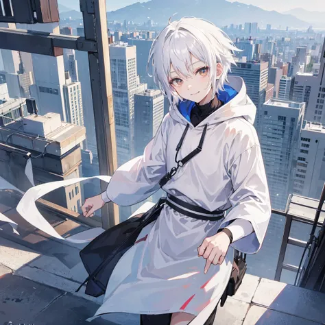 Anime boy, boy, white hair, short hair, smiling, with brown eyes, wearing a white contrast sleeve harajaku hoodie that has black sleeves, head tilted to the viewpoint, looking at the viewpoint, in a urban area setting like a city