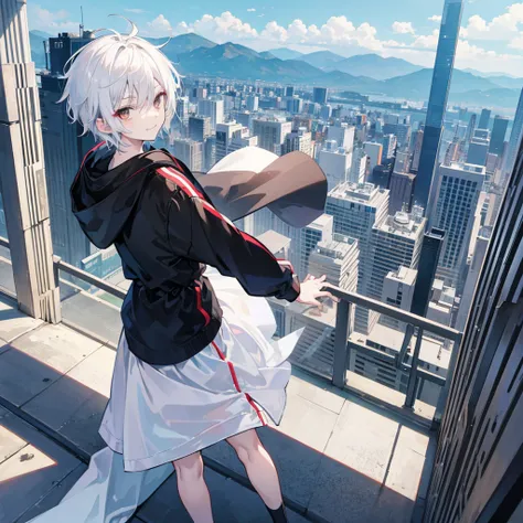 Anime boy, boy, white hair, short hair, smiling, with brown eyes, wearing a white contrast sleeve hoodie that has black sleeves, head tilted to the viewpoint, looking at the viewpoint, in a urban area setting like a city