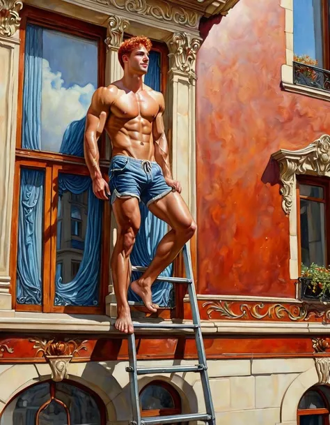 in oil painting romanticism and realism style,  using a ladder cleaning the external windows of an art nouveau building, very hot midday sun, Drops of sweat fall down his slender muscular body, look and humble smile., shirtless barefoot wearing shorts,  en...