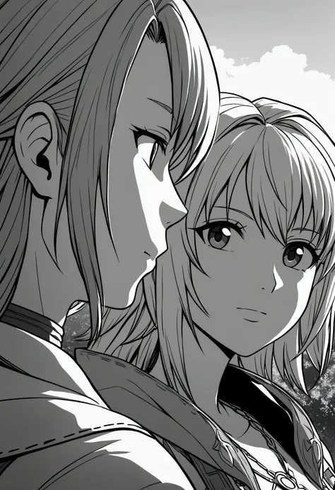 couple, Final Fantasy, FFX, game, video game, light skin, pretty, technicolorBREAK outdoors, twilight, raytracing BREAK d4rk4rt artstyle, monochrome, close up