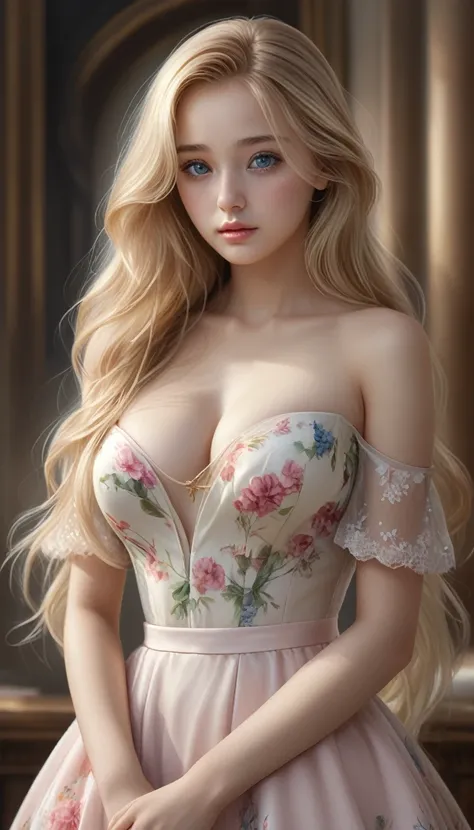 (Highest Quality,4K,8K,High Resolution,Masterpiece:1.2),Super Detail, (Realistic,Photorealistic,Photorealism:1.37),Full Body Portrait,One Girl,Perfect Hourglass Illustration,Exquisite Features,Mysterious Eyes,ColourfuFloral Dress,Bare Shoulders,Blushing,Sh...