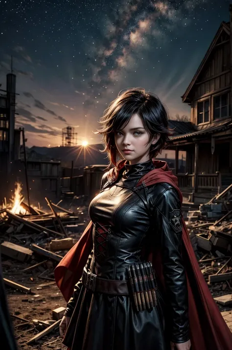 (masterpiece, best quality:1.2), cowboy shot, solo, dynamic pose, 1girl, ruby rose, grin, looking at viewer, arms behind back, black dress, long sleeves, red cape, pantyhose, standing, in deserted, church, bonfires, debris, dusty old furniture, crowd with ...