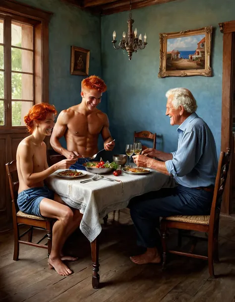 in oil painting romanticism and realism style, full body of a young man having dinner with an old man and an old woman in a simple dining room humble look and smile, shirtless barefoot wearing shorts,  environment of wealth and power, very detailed scene. ...