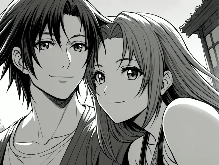 couple male and female, Final Fantasy, FFX, game, video game, light skin, pretty, technicolor, monochrome, close up, manga, creative. smile, looking at him, outdoors, twilight, raytracing