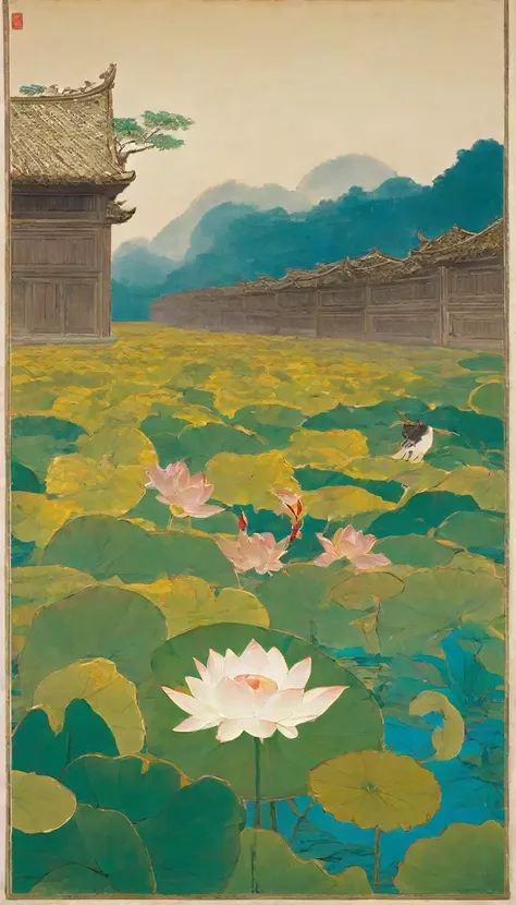 lotus flower, and a bird in the distance, by miao fu, by jin nong, heise jinyao,