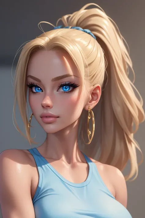 (masterpiece, best quality, ultra-detailed, highres, 4k),(beautiful detailed eyes),(very detailed face),(1girl),HDR,long hair, blue eyes, blonde hair, bracelet, sports bra, jewelry, watch, lips, solo focus, nail polish, ponytail, blurry background, smirk, ...