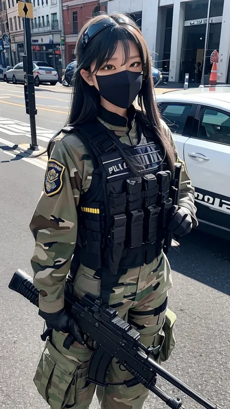 Police soldier woman, swat vest, black gloves, swat helmet head, behind long hair, ninja full mask, grip assault ak74, camo skin,