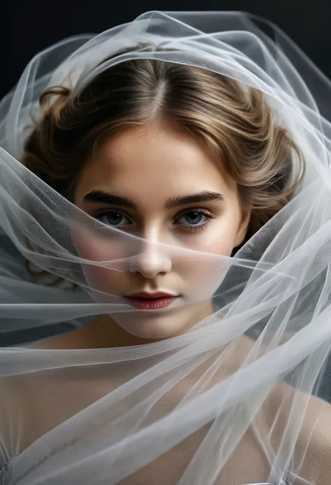 image of a {girl covered by tulle sheet}, detailed fabric texture, showing the weave and folds