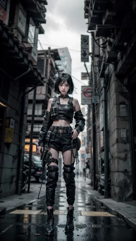 ((best quality)), ((masterpiece)), (highly detailed:1.3), 3d, beautiful (cyberpunk:1.3) street samurai woman with thick shapeles...