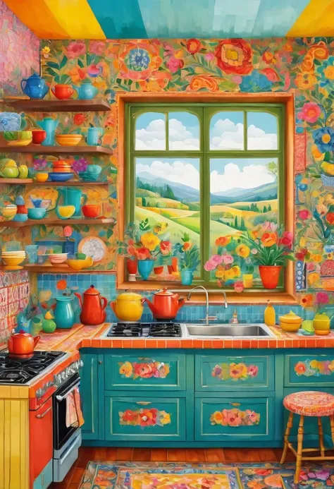 Luxury interior of a kitchen, in the style of folk art - inspired illustrations, patterned paperclippings, detailed, flowers, in the style of patchwork patterns, illustrated by olivia Gibbs, animated mosaics, kitsch and camp charm, bright pastel colours, b...