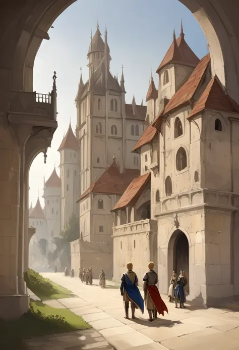 young boy, short hair with highlights, light brown hair color, yellow eyes, medieval aristocrat clothes, in front of a main castle of a medieval university, several people with staffs and dressed as wizards around the landscape, focus on the boy, view of t...