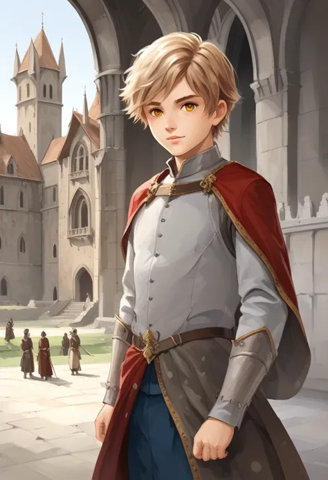 young boy, short hair with highlights, light brown hair color, yellow eyes, medieval aristocrat clothes, in front of a main cast...