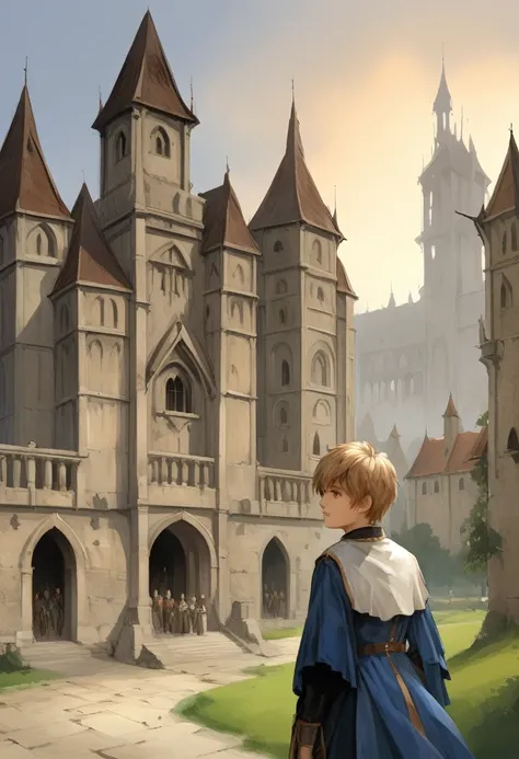 young boy, short hair with highlights, light brown hair color, yellow eyes, medieval aristocrat clothes, in front of a main cast...