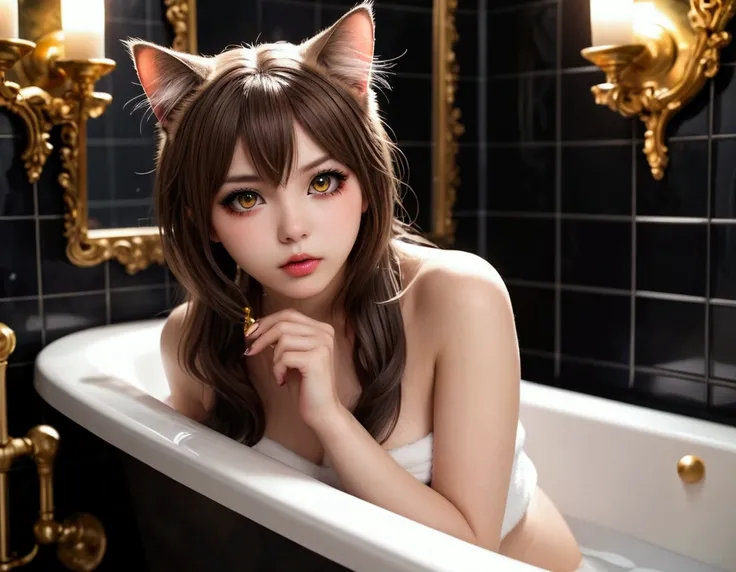 A cute girl Xiaorou SeeU, 20 years old, in an adorable sexy cat girl cosplay, acting surly and intimidating, she does not want to take a bath, bathroom with bubble bath in tub, beautiful detailed eyes, beautiful detailed lips, extremely detailed eyes and f...