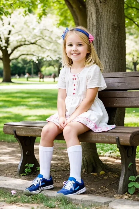 A cute blonde 5 year old girl sitting on an old bench in a park under a tree and a lot of flowers around her