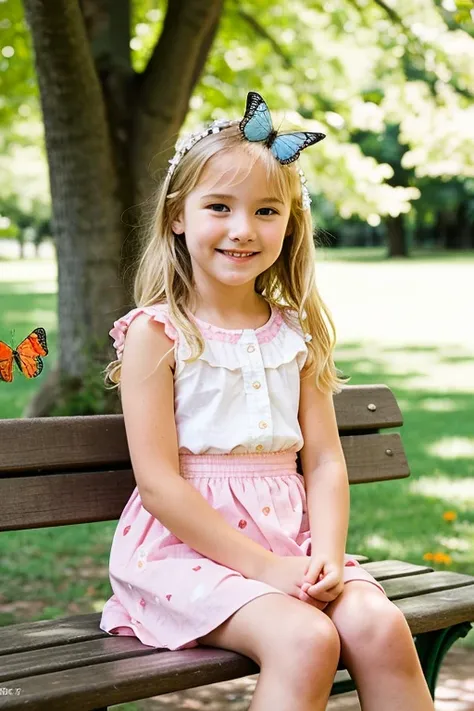 A cute blonde 5 year old girl sitting on an old bench in a park under a tree and a lot of flowers around her with a butterfly in her hand