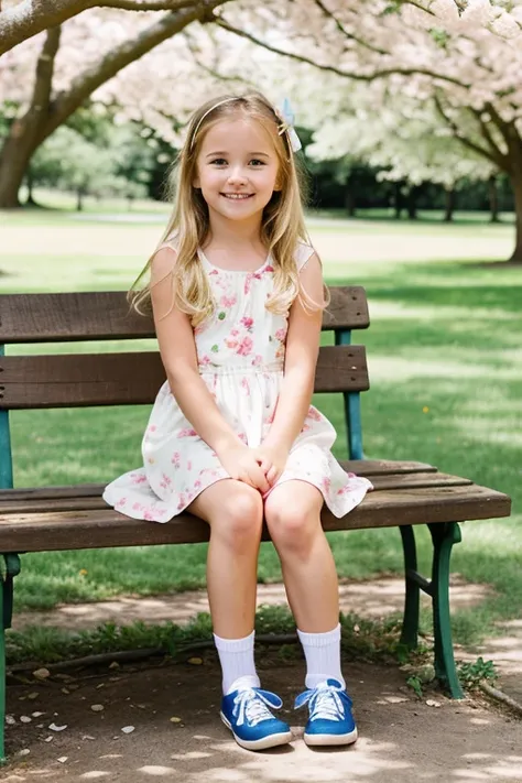 A cute blonde 5 year old girl sitting on an old bench in a park under a tree and a lot of flowers around her with a butterfly 