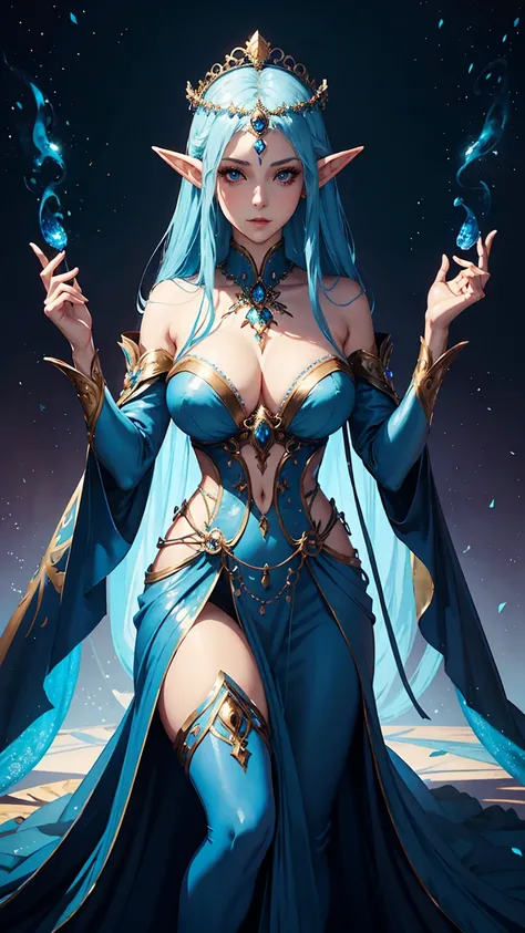 A woman in a blue dress and headdress posing for a photo., ((a beautiful empress of fantasy)), a beautiful empress of fantasy, Beautiful goddess, deviantart artstation cgscosiety, Beautiful character painting, very beautiful elven top model, Ross Tran 8 K,...