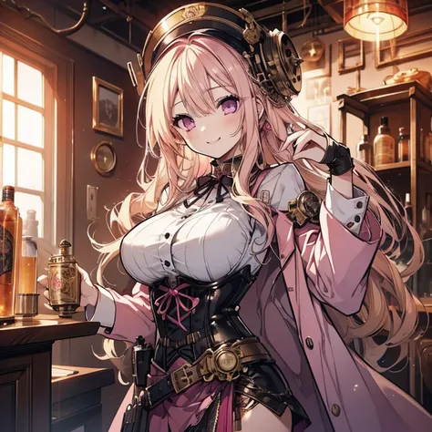 1 girl、Mature、Ample breasts、Long Hair、Blonde、Long Hair、Curly Hair、Pink Eyes、steampunk outfit、Miniskirt、A seductive smile、Laughing with your mouth open、corset、dusk、Steampunk city、Chemical Industry、With a flask、High resolution、Highest quality