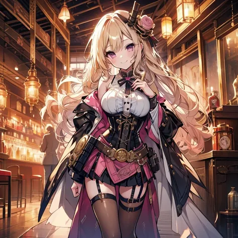 1 girl、Mature、Ample breasts、Long Hair、Blonde、Long Hair、Curly Hair、Pink Eyes、steampunk outfit、Miniskirt、A seductive smile、Laughing with your mouth open、corset、dusk、Steampunk city、Chemical Industry、With a flask、High resolution、Highest quality