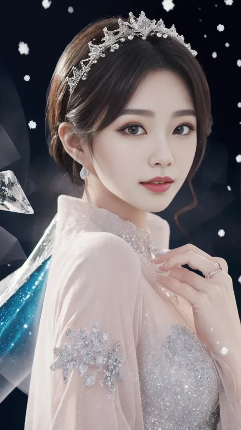 A goddess、Large Breasts、Stand gracefully、(The most luxurious ice palace background:1.4)、(Mysterious fairy tale light blue fog:1.15)、The background is a well-designed ice palace、Beautiful ice ceiling、(Palace interior background made of intricate, sparkling ...