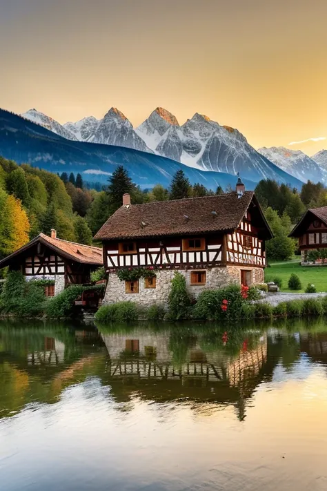 Half-timbered house on the lake with the Alps in the background and a sunset. Next to the half-timbered house is a pasture with chickens.