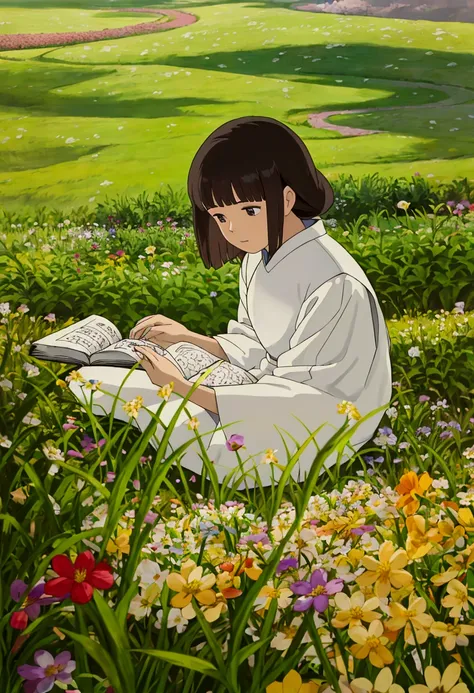 arafed woman sitting in a field of flowers reading a book, white hanfu, palace ， a girl in hanfu, girl sitting in a flower field, by Yang J, sitting in a field of flowers, in a field of flowers, in a cottagecore flower garden, hanfu, in a field with flower...