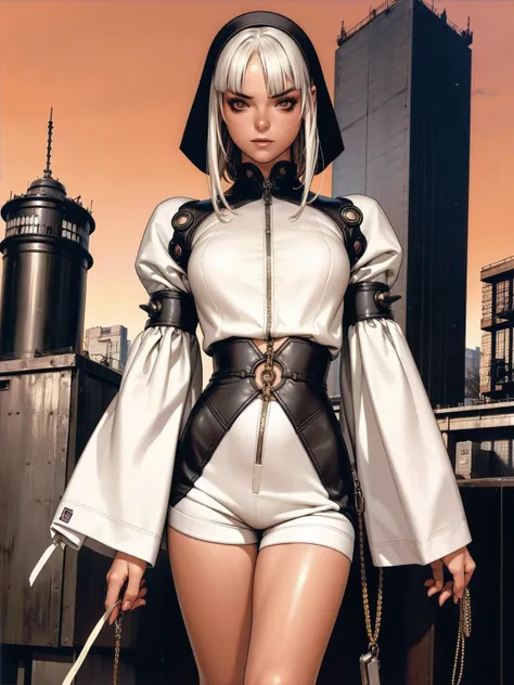 (best qualityer))), (((manga strokes))), (((white bob hair with short straight bangs and red highlights))), (((Lucy Cyberpunk the anime))), (((short shorts with 2 side stripes))), uma Kizi jovem muito bem vestida com roupas modernas de inverno, top gift ve...