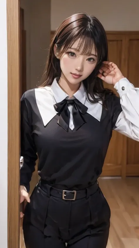 masterpiece, Highest quality, Very detailed, figure, Spectacular lighting, Structure of the film, Isoscale, One girl, alone, cute, Brown eyes, Black Hair, Swept-apart bangs, Single Side Lock, Red Hair Clip, White collared shirt, Black tie, Black trousers, ...