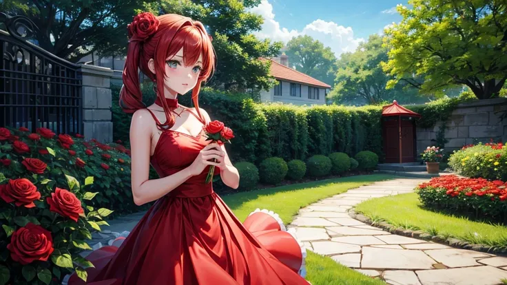  anime Girl in red dress honding a red rose in her hand in a green garden 