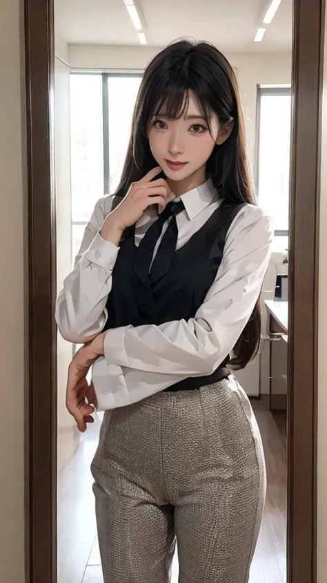 masterpiece, Highest quality, Very detailed, figure, Spectacular lighting, Structure of the film, Isoscale, One girl, alone, cute, Brown eyes, Black Hair, Swept-apart bangs, Single Side Lock, Red Hair Clip, White collared shirt, Black tie, Black trousers, ...