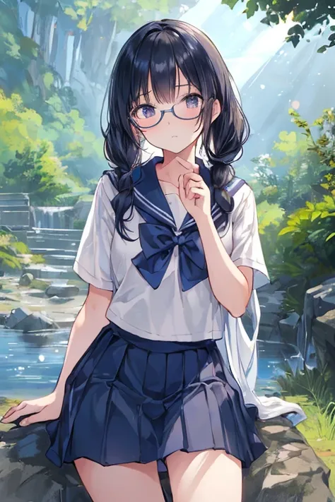 a beautiful girl in a sailor uniform, long black hair in pigtails, wearing glasses, sweating in a rural Japanese countryside setting on a summer day, highly detailed, anatomically correct, illustration, anime style, sparkling effects, medium blue sailor un...