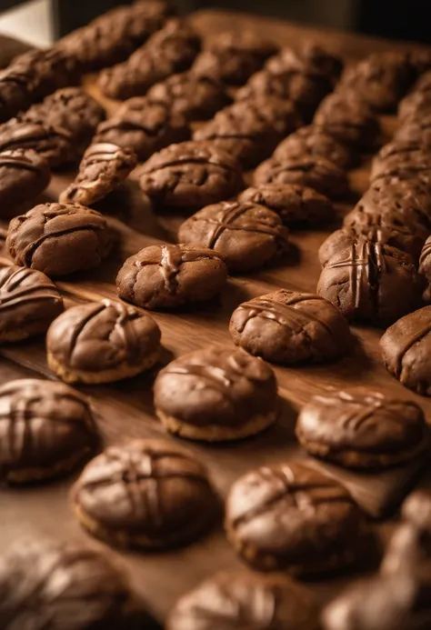 Cookies gordos marrons de chocolate;(inside a hotel); fat chocolate cookies on a hotel counter; realisitic; 8k; at the hotel reception desk there are plump chocolate cookies; cookies brownie; photo by the best photographer in the world; maximum perfection,...